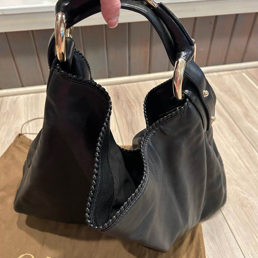 Gucci Leather Chain Horsebit Accent Large Hobo Shoulder Bag Black 100% Authentic - Picture 2 of 12